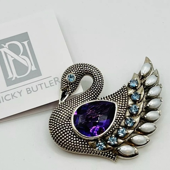 🌟NICKY BUTLER 925 Sterling Silver Purple Quartz Doublet Swan Pin Brooch NEW NB - Picture 6 of 11